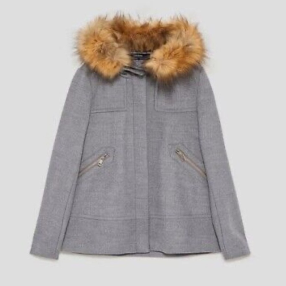Zara grey funnel neck Swing Jacket with removable Fur Trim Hood, size Medium